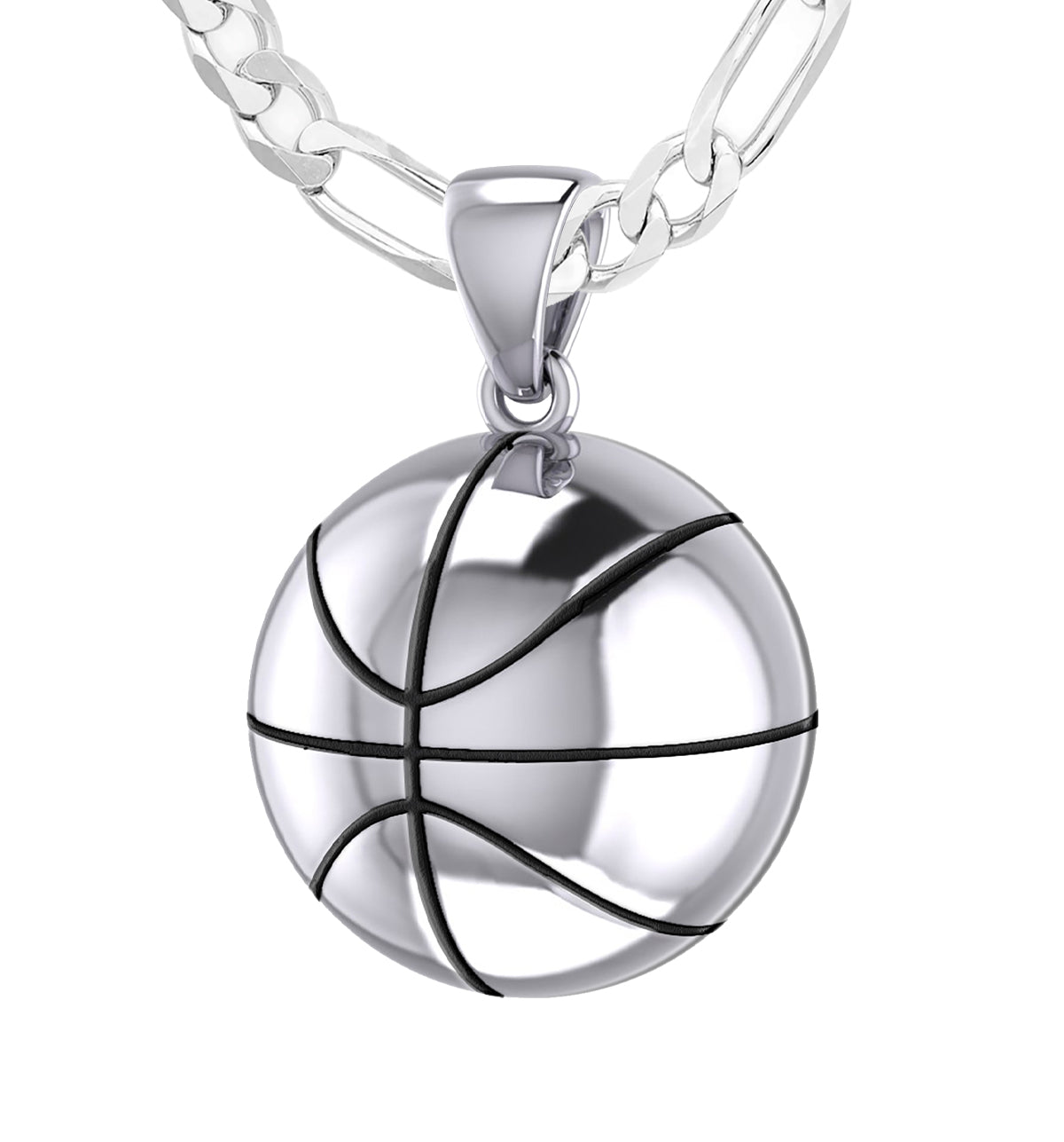 Large 925 Sterling Silver 3D Basketball Pendant Necklace, 18.5mm - US Jewels