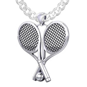 Large 925 Sterling Silver 3D Double Tennis Racket & Ball Pendant Necklace, 39mm - US Jewels