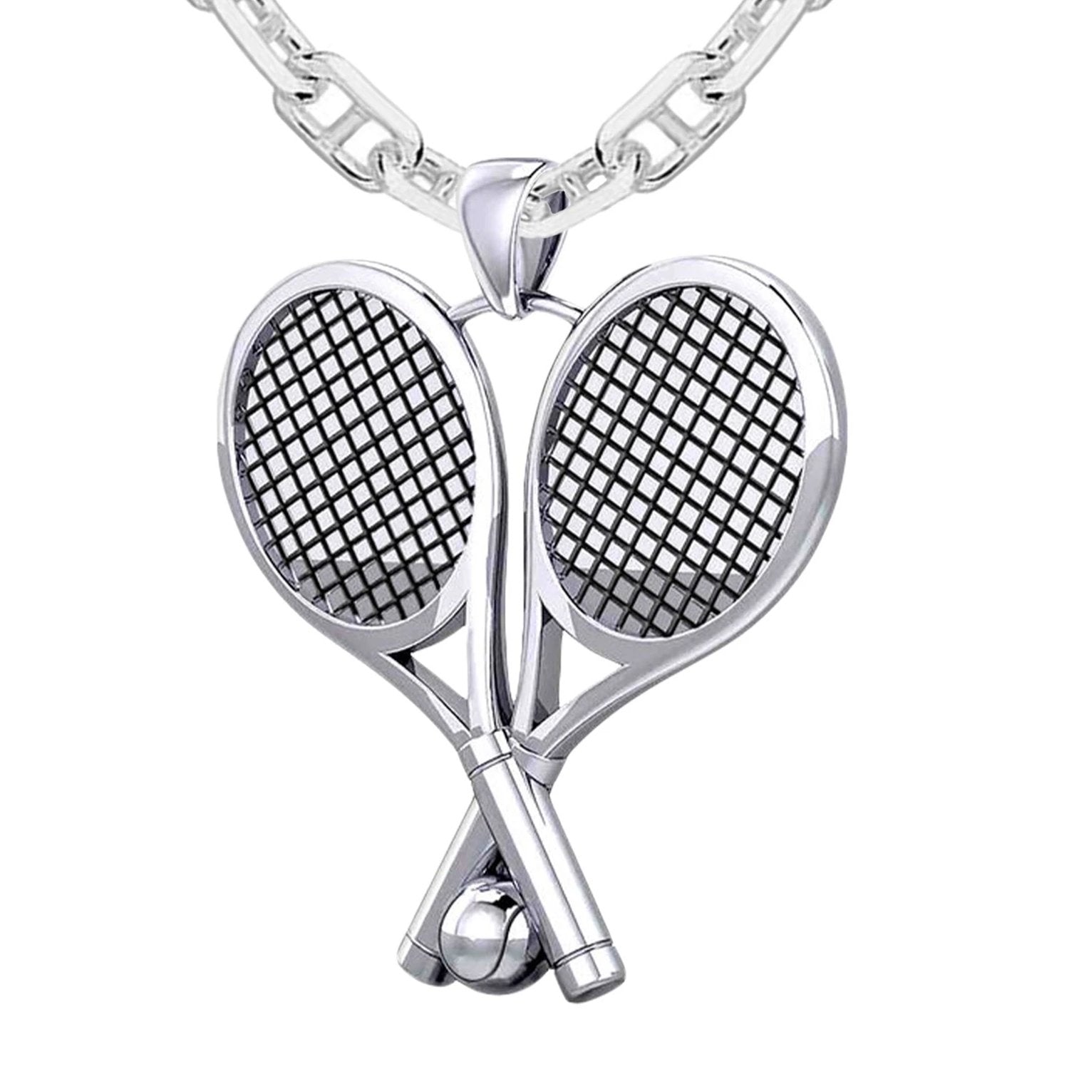 Large 925 Sterling Silver 3D Double Tennis Racket & Ball Pendant Necklace, 39mm - US Jewels