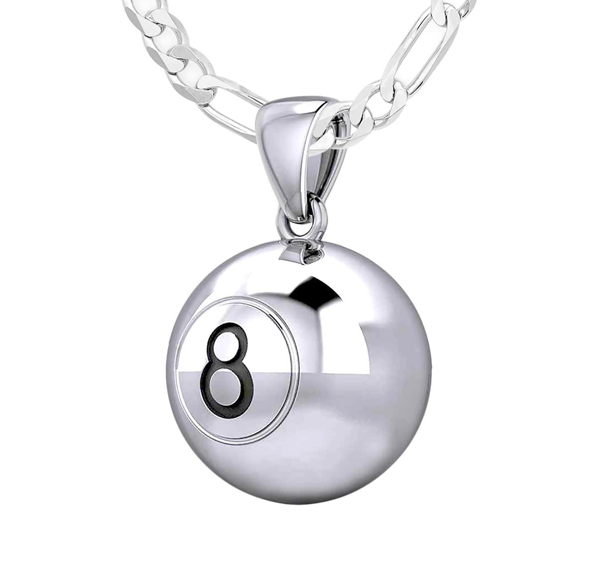 Large 925 Sterling Silver 3D Eight 8 Ball Billiards Pendant Necklace, 18.5mm - US Jewels