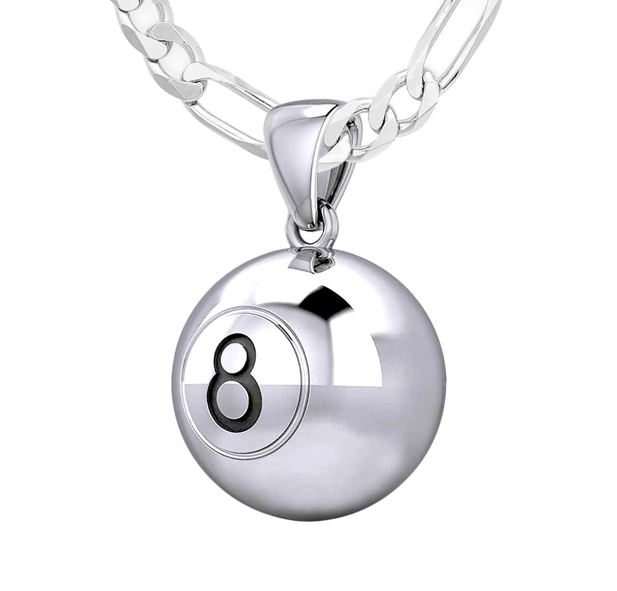 Large 925 Sterling Silver 3D Eight 8 Ball Billiards Pendant Necklace, 18.5mm - US Jewels