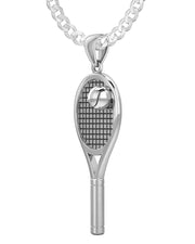 Large 925 Sterling Silver 3D Tennis Racket & Ball Pendant Necklace, 42mm - US Jewels