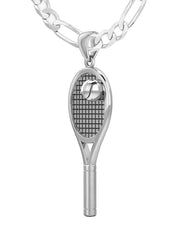 Large 925 Sterling Silver 3D Tennis Racket & Ball Pendant Necklace, 42mm - US Jewels