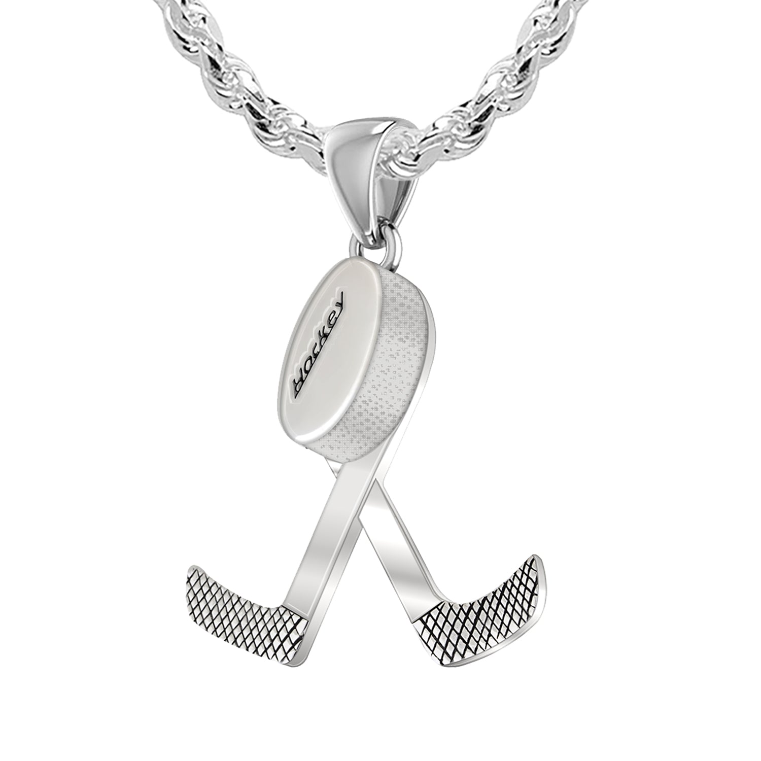 Large 925 Sterling Silver Double Hockey Stick & Puck Sport Pendant Necklace, 34mm - US Jewels