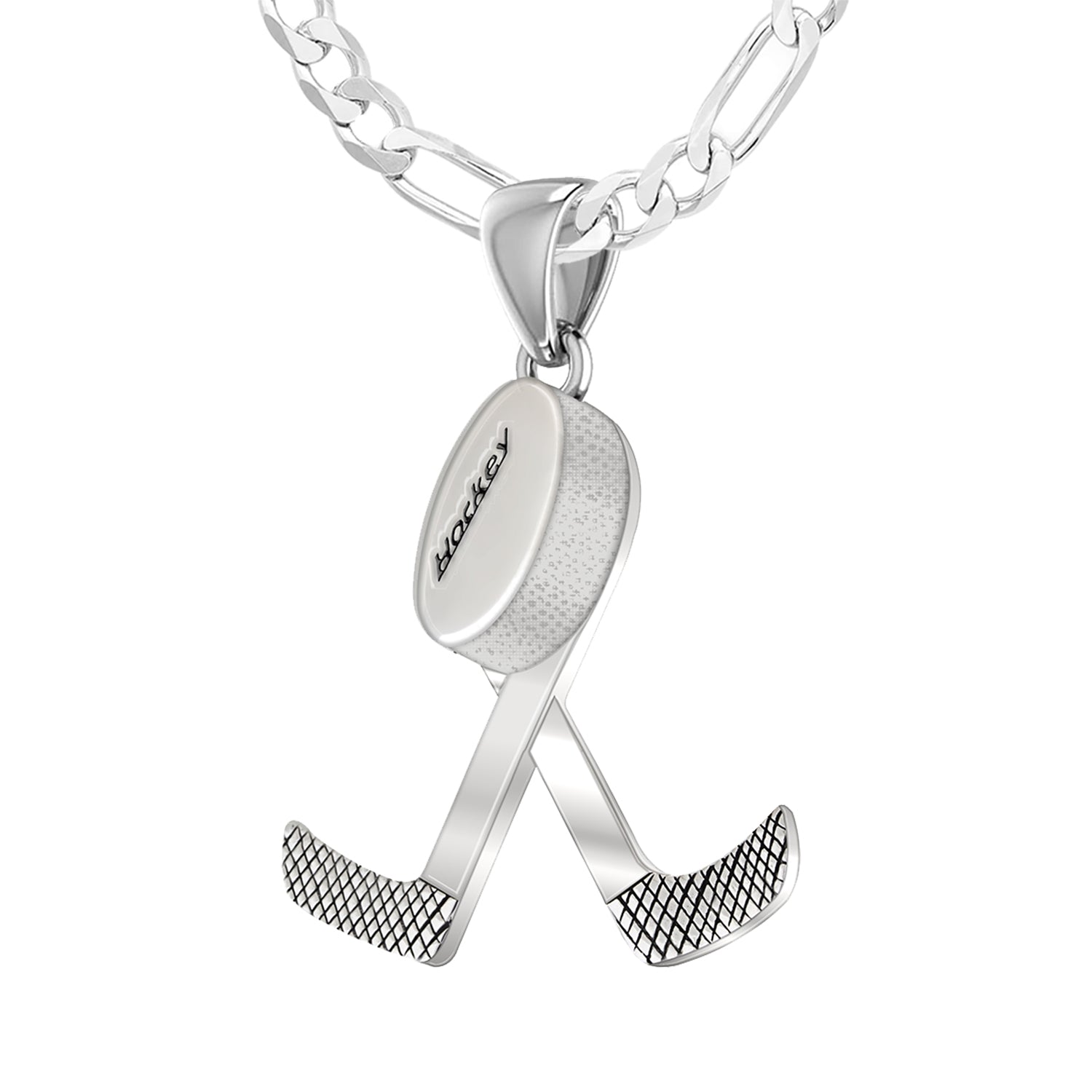 Large 925 Sterling Silver Double Hockey Stick & Puck Sport Pendant Necklace, 34mm - US Jewels
