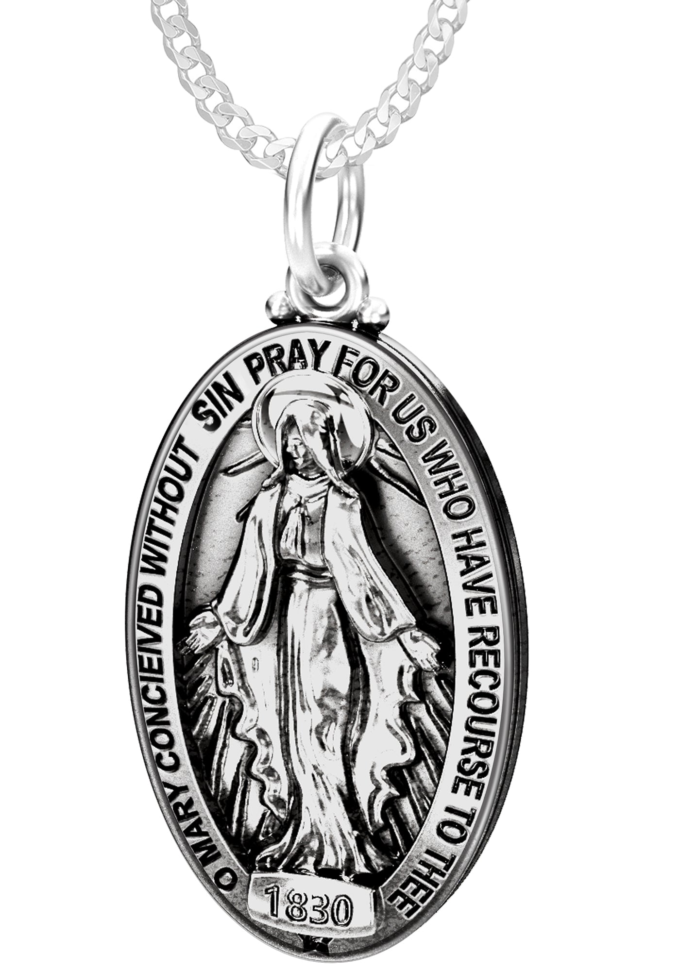 Large 925 Sterling Silver Oval Miraculous Virgin Mary Antique Finish  Pendant Necklace, 32mm - 18in 2.3mm Curb Chain