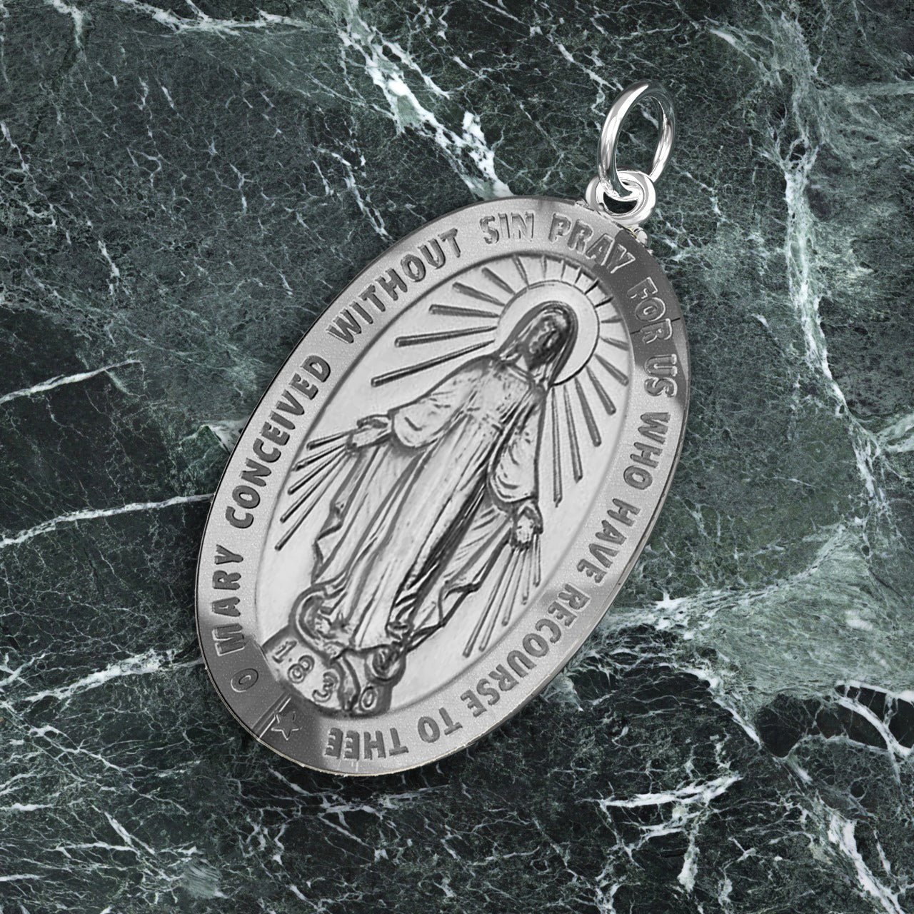 Large 925 Sterling Silver Oval Miraculous Virgin Mary Medal Pendant Necklace, 36mm - US Jewels