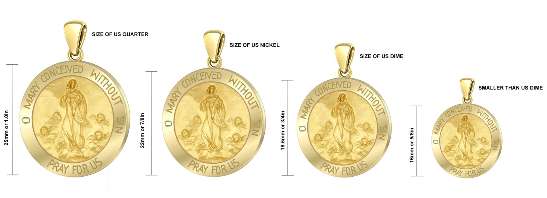 Large Ladies 14K Yellow Gold Miraculous Mother Mary Medal Round Pendant Necklace, 2 Sizes - US Jewels