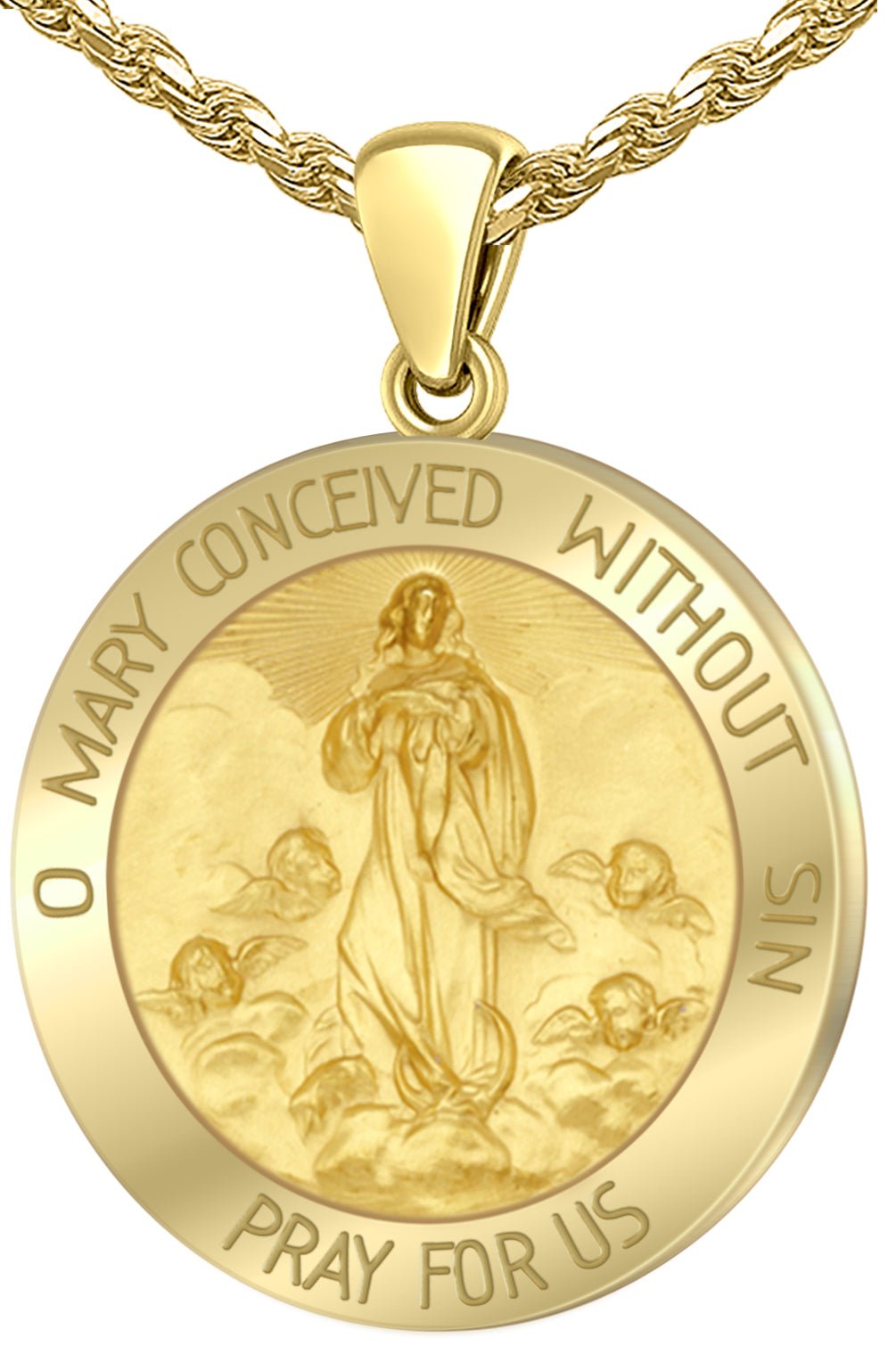 Large Ladies 14K Yellow Gold Miraculous Mother Mary Medal Round Pendant Necklace, 2 Sizes - US Jewels