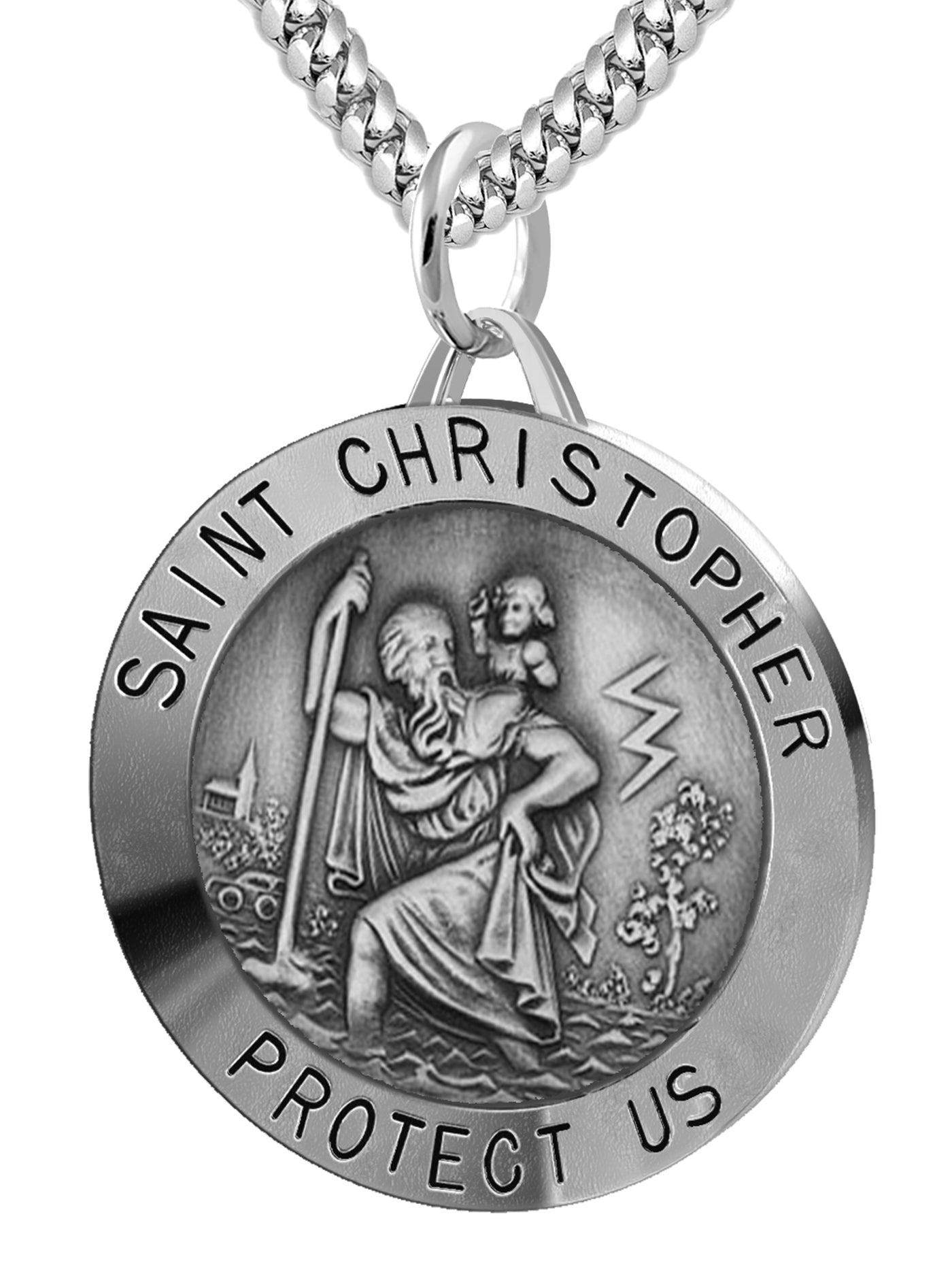 Large Men's 925 Sterling Silver Saint Christopher Round Antique Pendant Necklace, 32mm - US Jewels