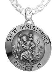 Large Men's 925 Sterling Silver Saint Christopher Round Antique Pendant Necklace, 32mm - US Jewels