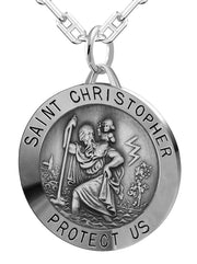 Large Men's 925 Sterling Silver Saint Christopher Round Antique Pendant Necklace, 32mm - US Jewels