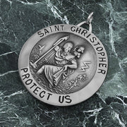 Large Men's 925 Sterling Silver Saint Christopher Round Antique Pendant Necklace, 32mm - US Jewels