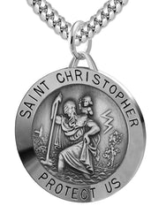 Large Men's 925 Sterling Silver Saint Christopher Round Antique Pendant Necklace, 32mm - US Jewels