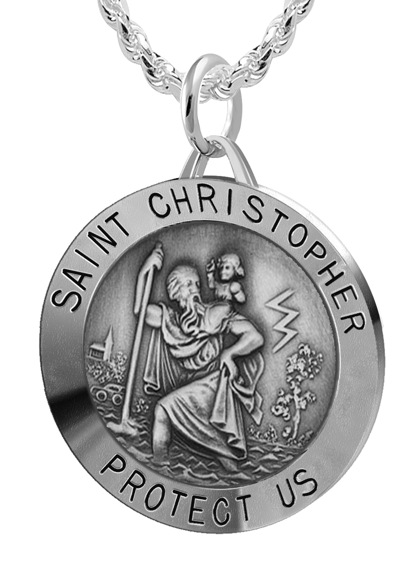 Large Men's 925 Sterling Silver Saint Christopher Round Antique Pendant Necklace, 32mm - US Jewels