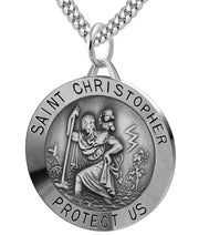 Large Men's 925 Sterling Silver Saint Christopher Round Antique Pendant Necklace, 32mm - US Jewels