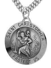 Large Men's 925 Sterling Silver Saint Christopher Round Antique Pendant Necklace, 32mm - US Jewels