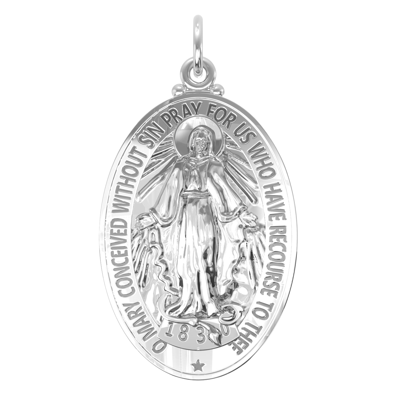 Large Polished 925 Sterling Silver Miraculous Virgin Mary Pendant Necklace,  32mm