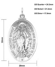Large Polished 925 Sterling Silver Miraculous Virgin Mary Pendant Necklace, 32mm - US Jewels