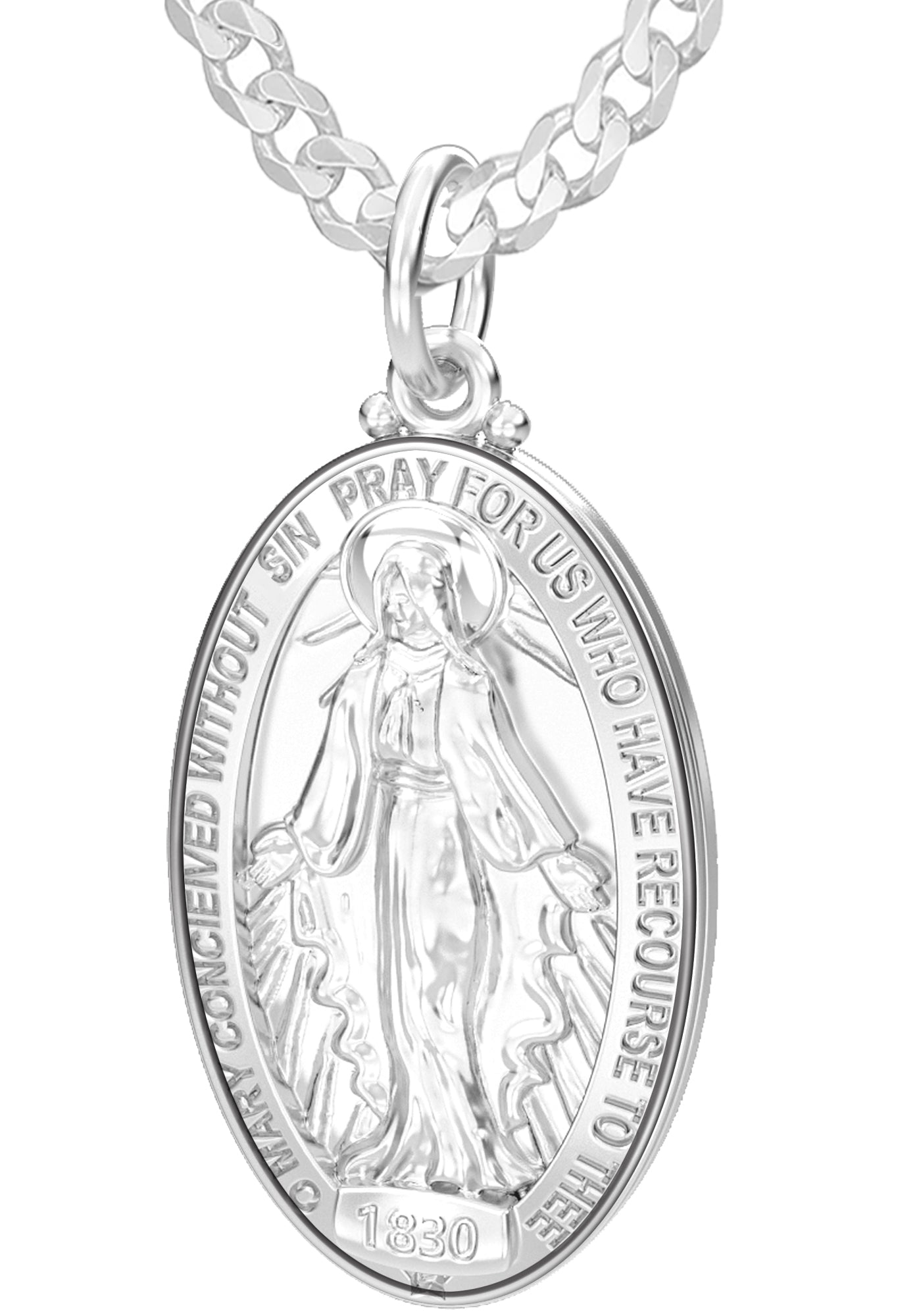Large Polished 925 Sterling Silver Miraculous Virgin Mary Pendant Necklace, 32mm - US Jewels