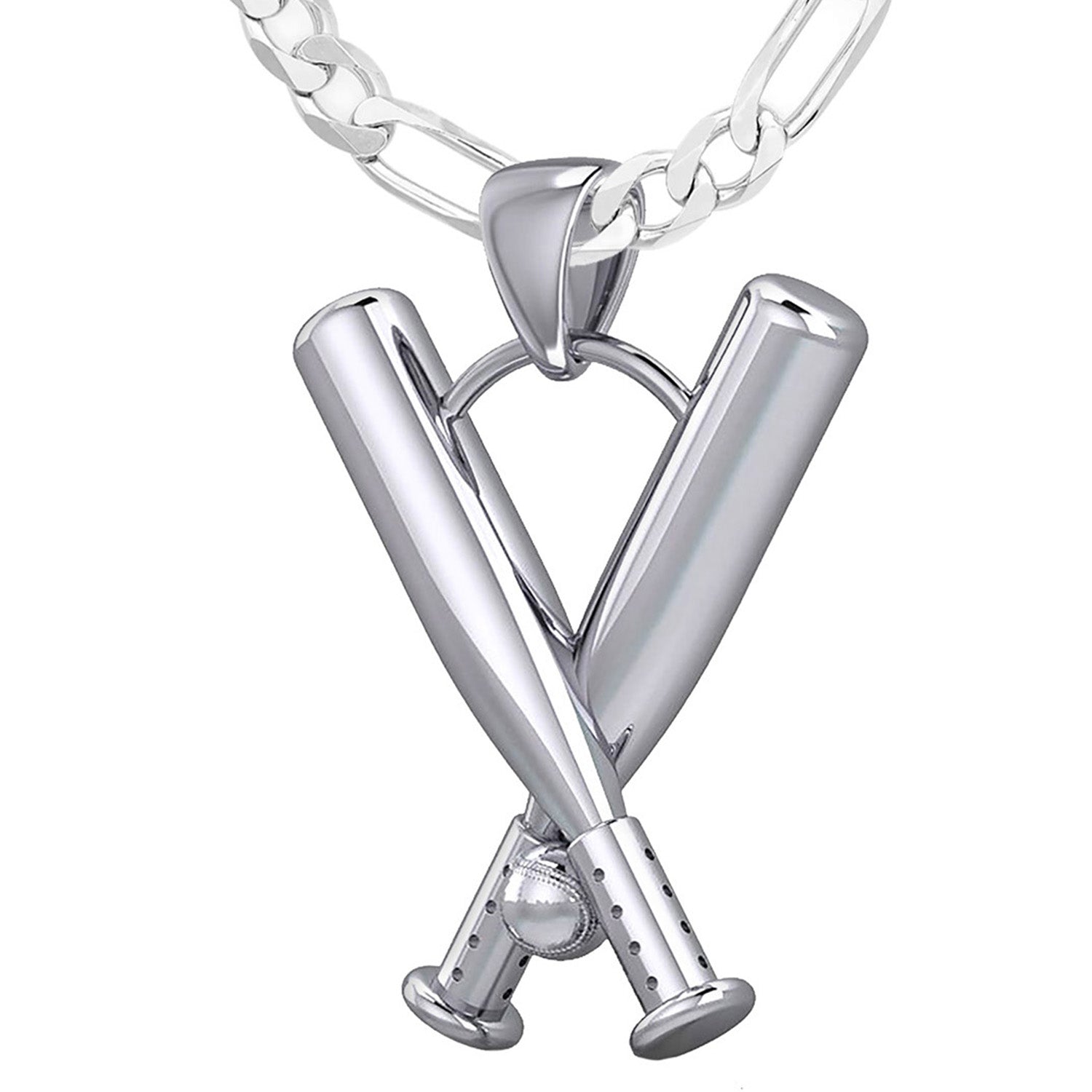 Large Solid 3D 925 Sterling Silver Double Baseball Bat Sport Pendant Necklace, 28mm - US Jewels