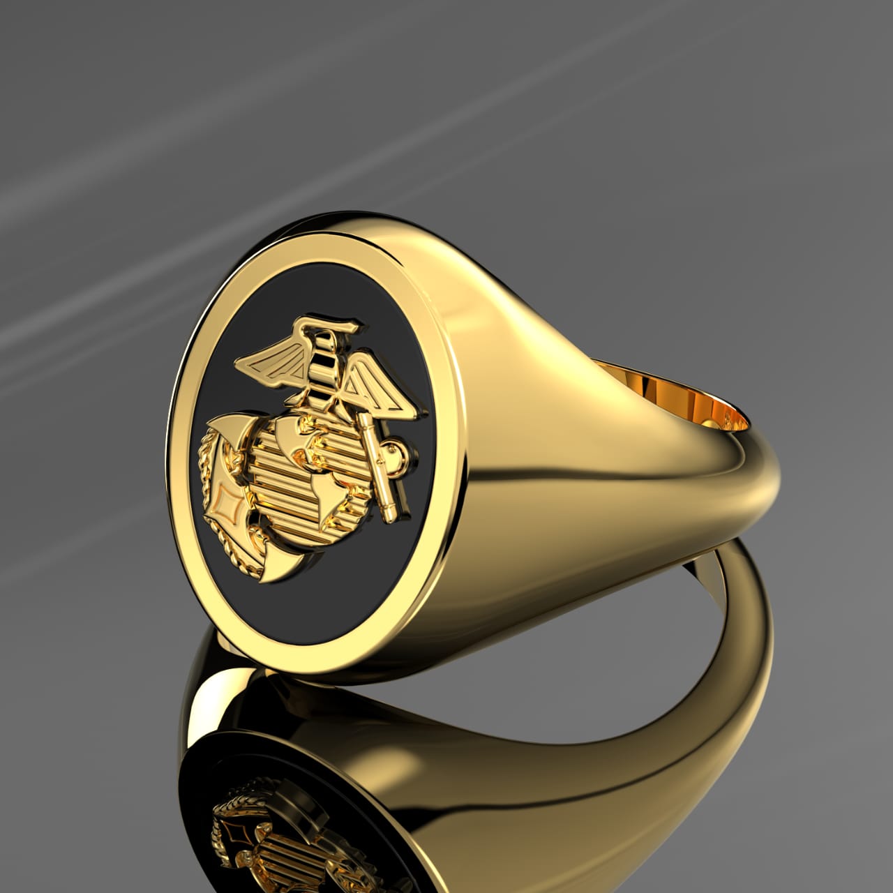 Customizable Oval 10k or 14k Gold US Military Solid Back Ring, Army, Marine Corps, Navy