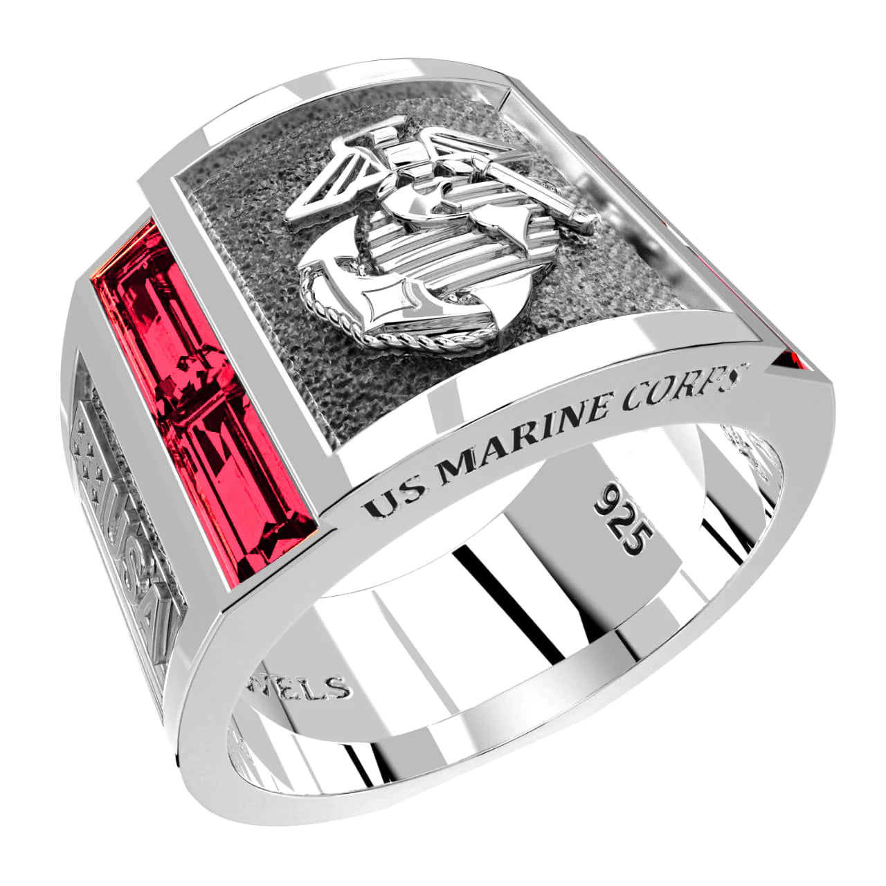 Men's 925 Sterling Silver Synthetic Rubies US Marine Corps USMC Ring