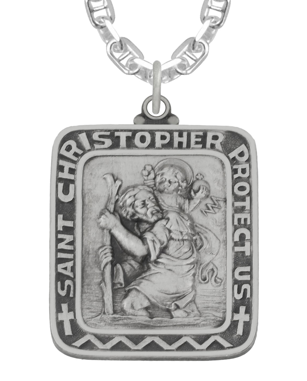 Blue Oval Saint Christopher Protect Us Words Pendant In 925