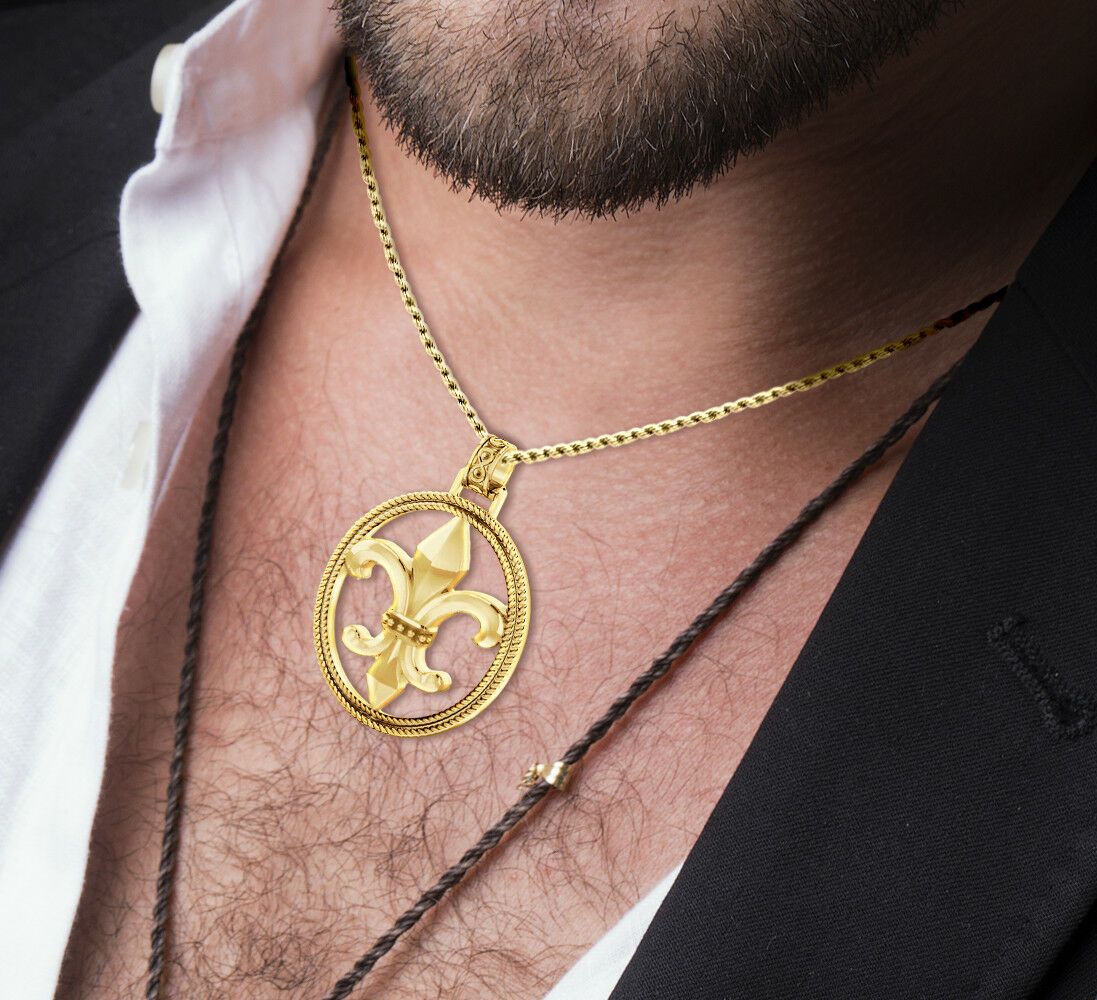 Men's 1 1/2in 10k Yellow Gold Fleur-de-Lis Braided Pendant Necklace - US Jewels