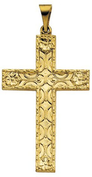 Men's 1 1/4in 14k Yellow Gold Floral-Inspired Christian Cross Pendant Necklace - US Jewels