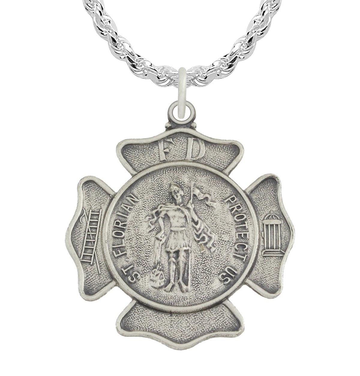Men's 1 1/8in 925 Sterling Silver Antiqued Finish St Saint Florian Badge Medal Pendant Necklace - US Jewels