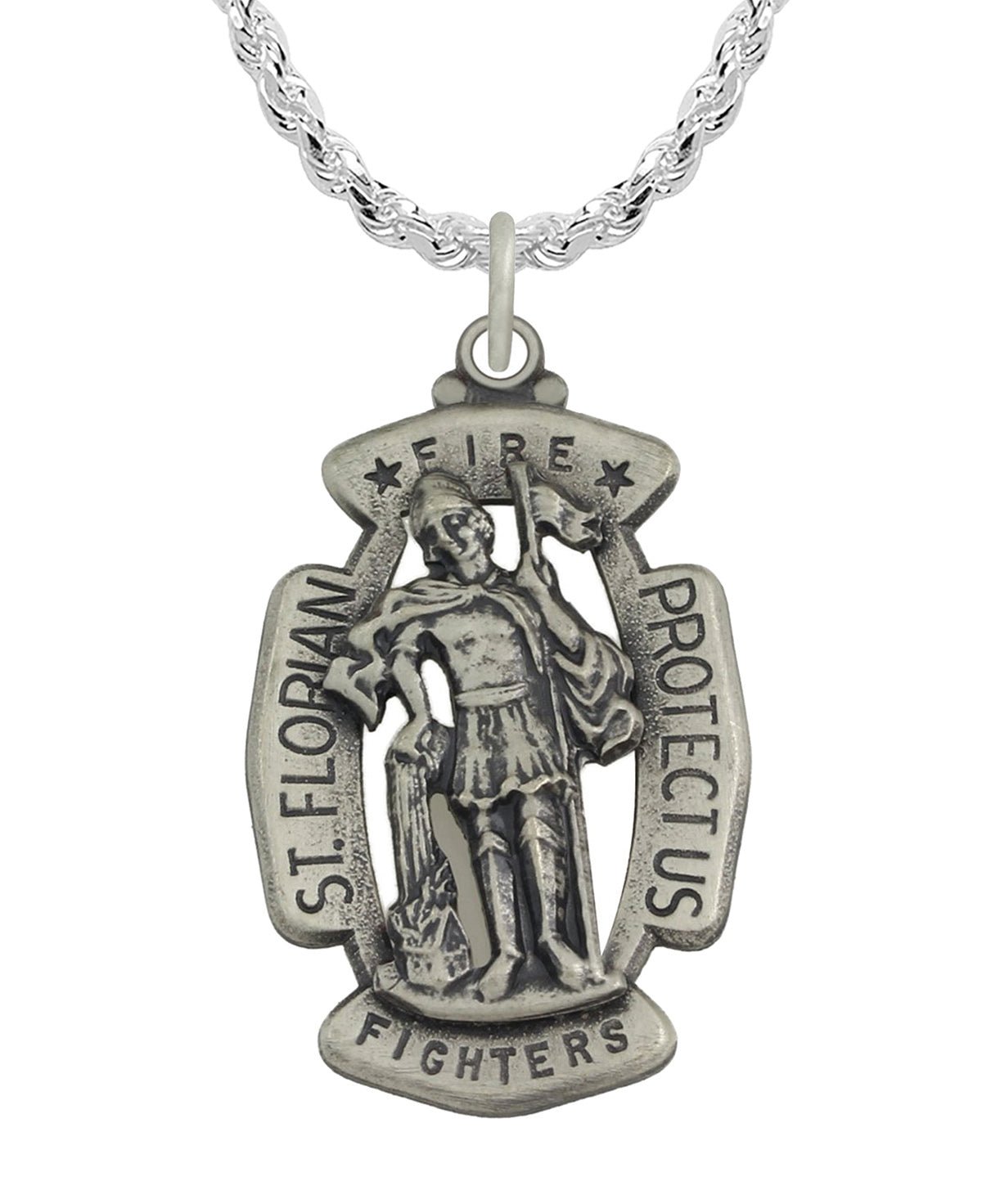 Men's 1 5/16in Sterling Silver Antiqued Saint St Florian Firefigthers Medal Pendant Necklace - US Jewels