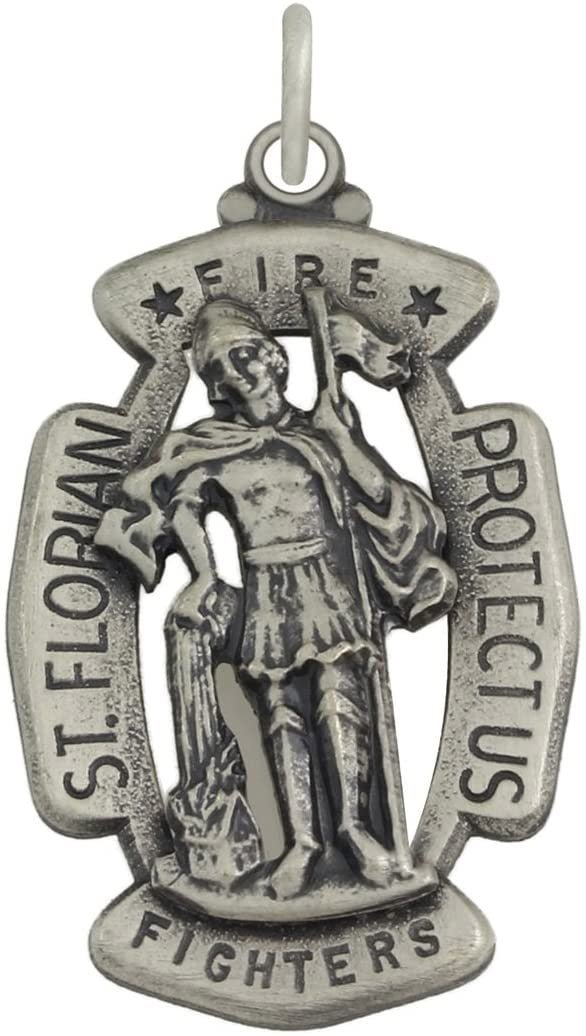 Men's 1 5/16in Sterling Silver Antiqued Saint St Florian Firefigthers Medal Pendant Necklace - US Jewels