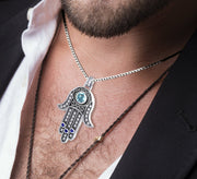 Men's 1 5/8in 925 Sterling Silver Hamsa Protection Amulet Pendant Necklace - US Jewels