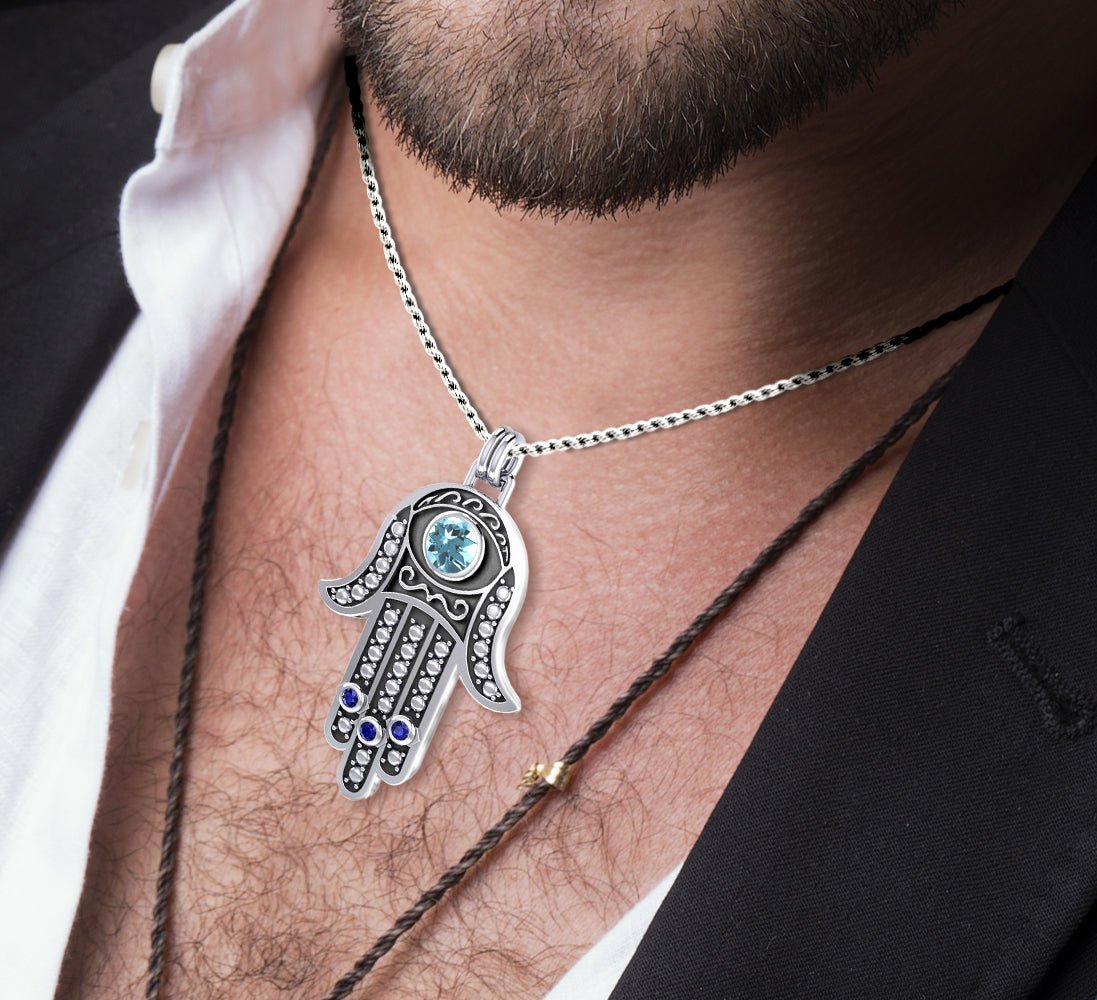 Men's 1 5/8in 925 Sterling Silver Hamsa Protection Amulet Pendant Necklace - US Jewels