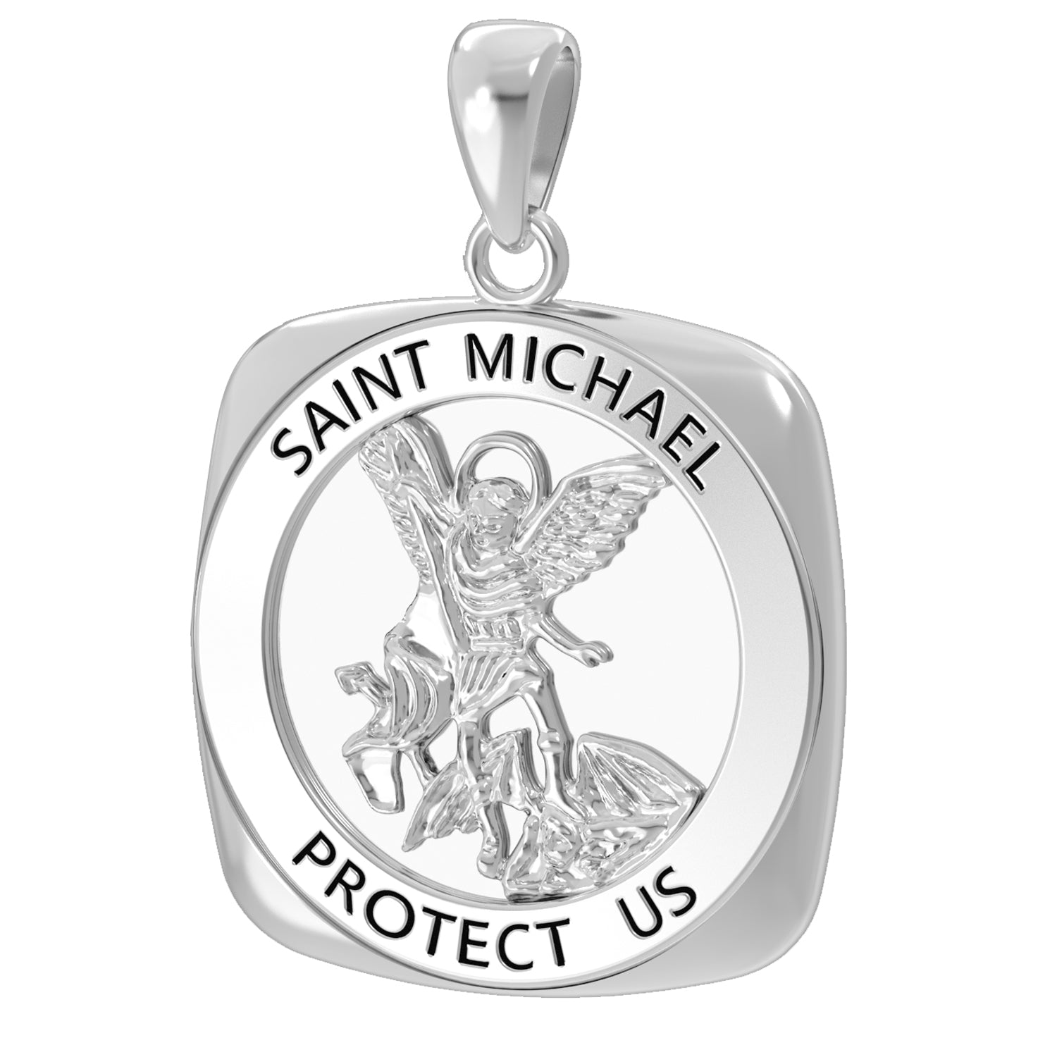 Men's 1.0in 925 Sterling Silver Saint Michael Square Tonneau Shaped Pendant Necklace, High Polished Finish - US Jewels