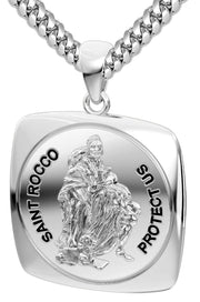 Men's 1.0in 925 Sterling Silver Saint Rocco Square Tonneau Shaped Pendant Necklace, High Polished Finish - US Jewels