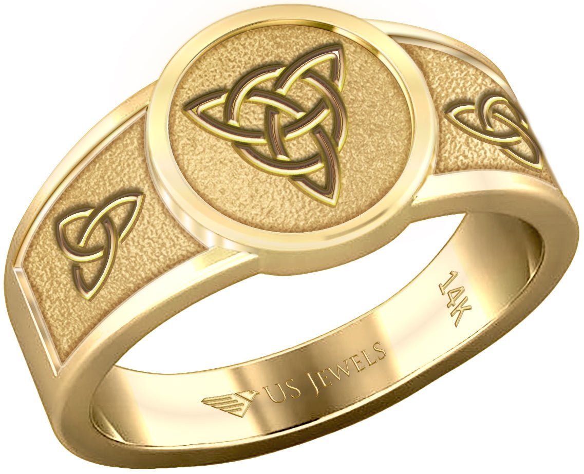 Men's 10k or 14k Yellow Gold Irish Celtic Trinity & Triquetra Knots Ring Band - US Jewels