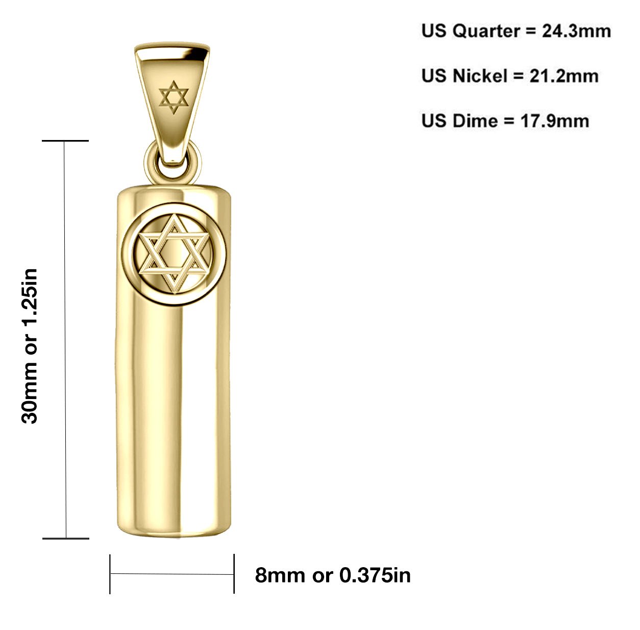 Men's 10K or 14K Yellow Gold Jewish Star of David Mezuzah Pendant Necklace, 30mm - US Jewels