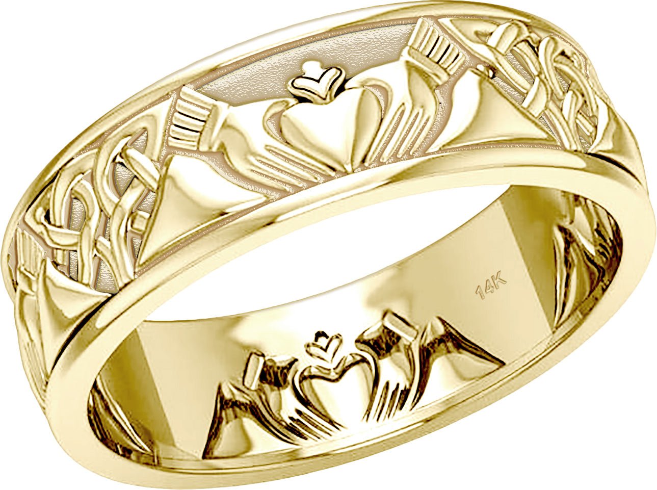 Men's 10k or 14k Yellow or White Gold Irish Celtic Knotwork Claddagh Ring Band - US Jewels