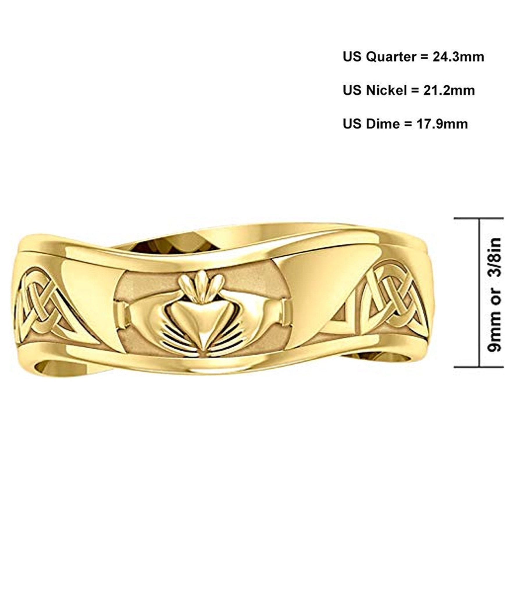 Men's 10k or 14k Yellow or White Gold Modern Irish Celtic Claddagh & Knot Ring Band - US Jewels