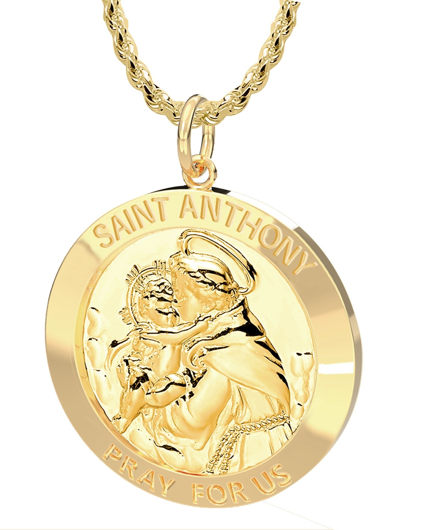 Men's 14K Gold Solid Saint Anthony Medal Pendant Necklace, 25mm - 22in 3mm  Rope Chain