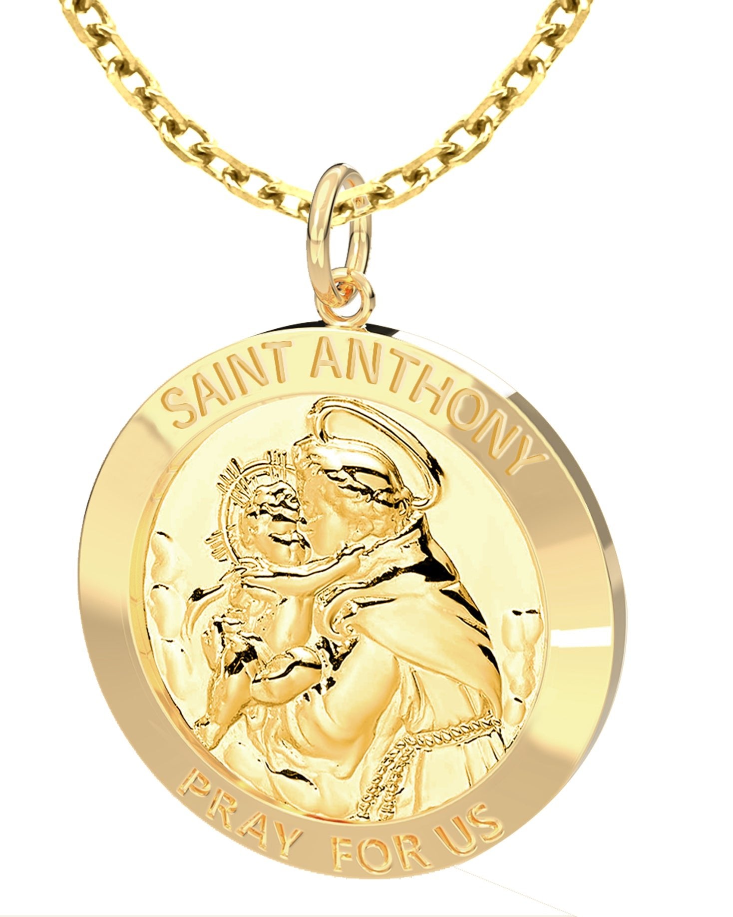 Men's 14K Gold Solid Saint Anthony Medal Pendant Necklace, 25mm - 22in 3mm  Cable Chain