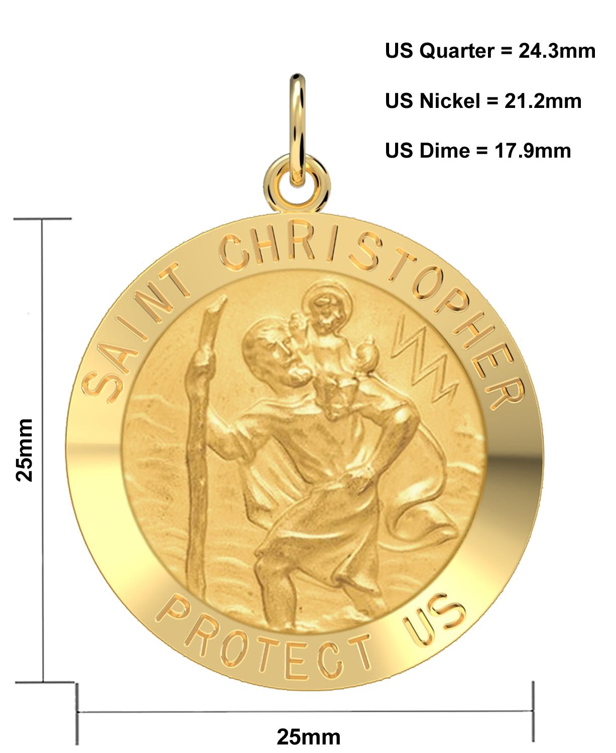 Men's 14K Gold Solid Saint Christopher Medal Pendant Necklace, 25mm