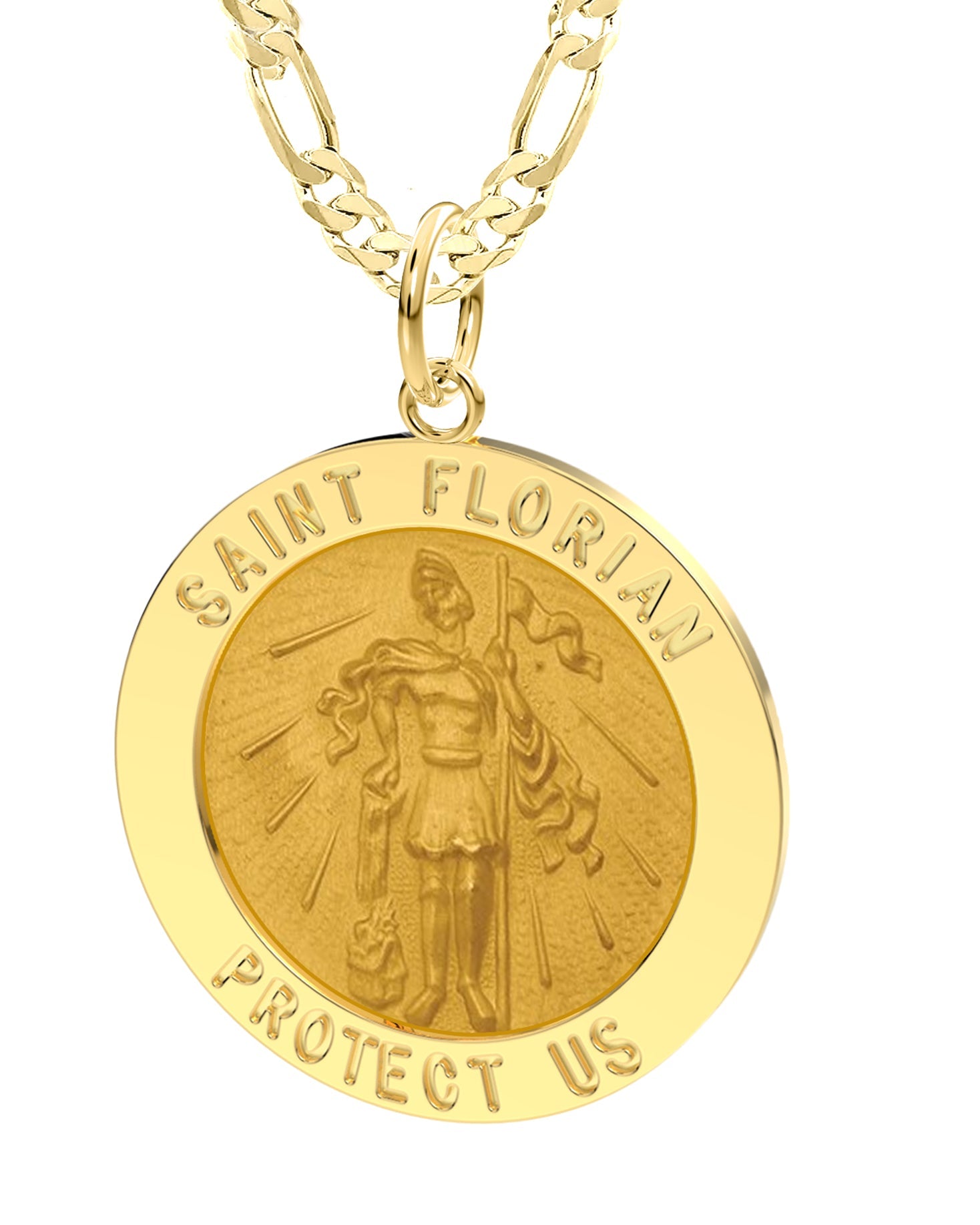 Men's 14K Gold Solid Saint Florian Fireman Medal Pendant Necklace, 25mm -  22in 3.9mm Figaro Chain