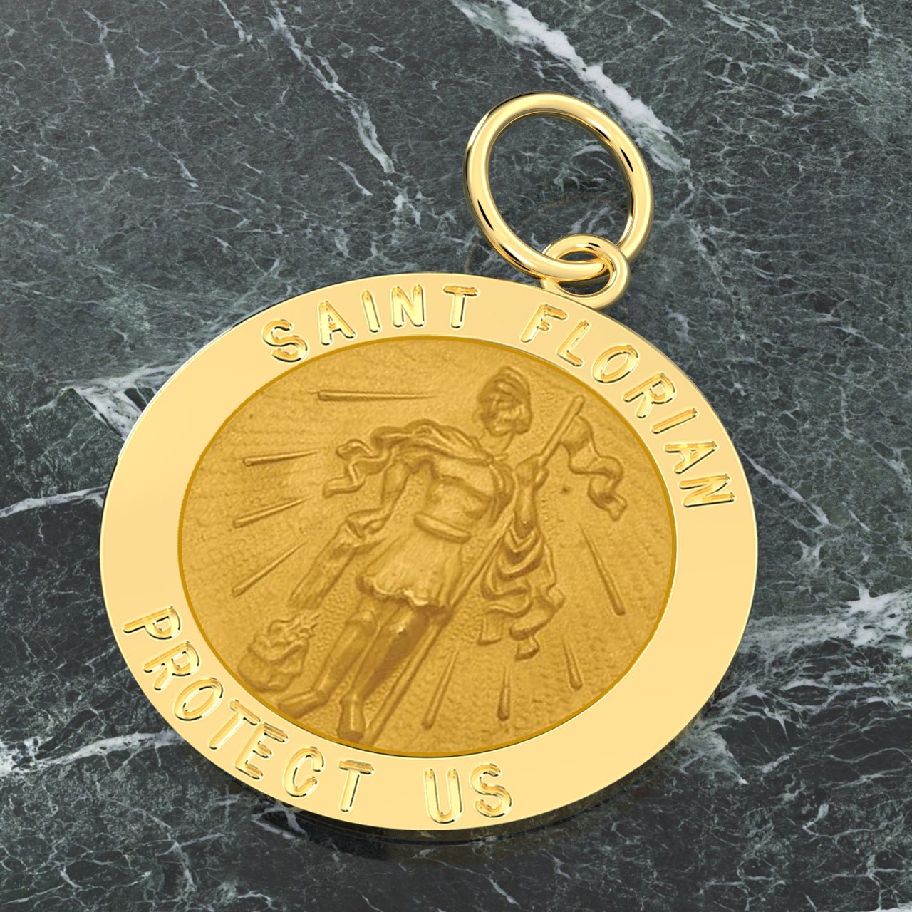 Men's 14K Gold Solid Saint Florian Fireman Medal Pendant Necklace, 25mm - US Jewels