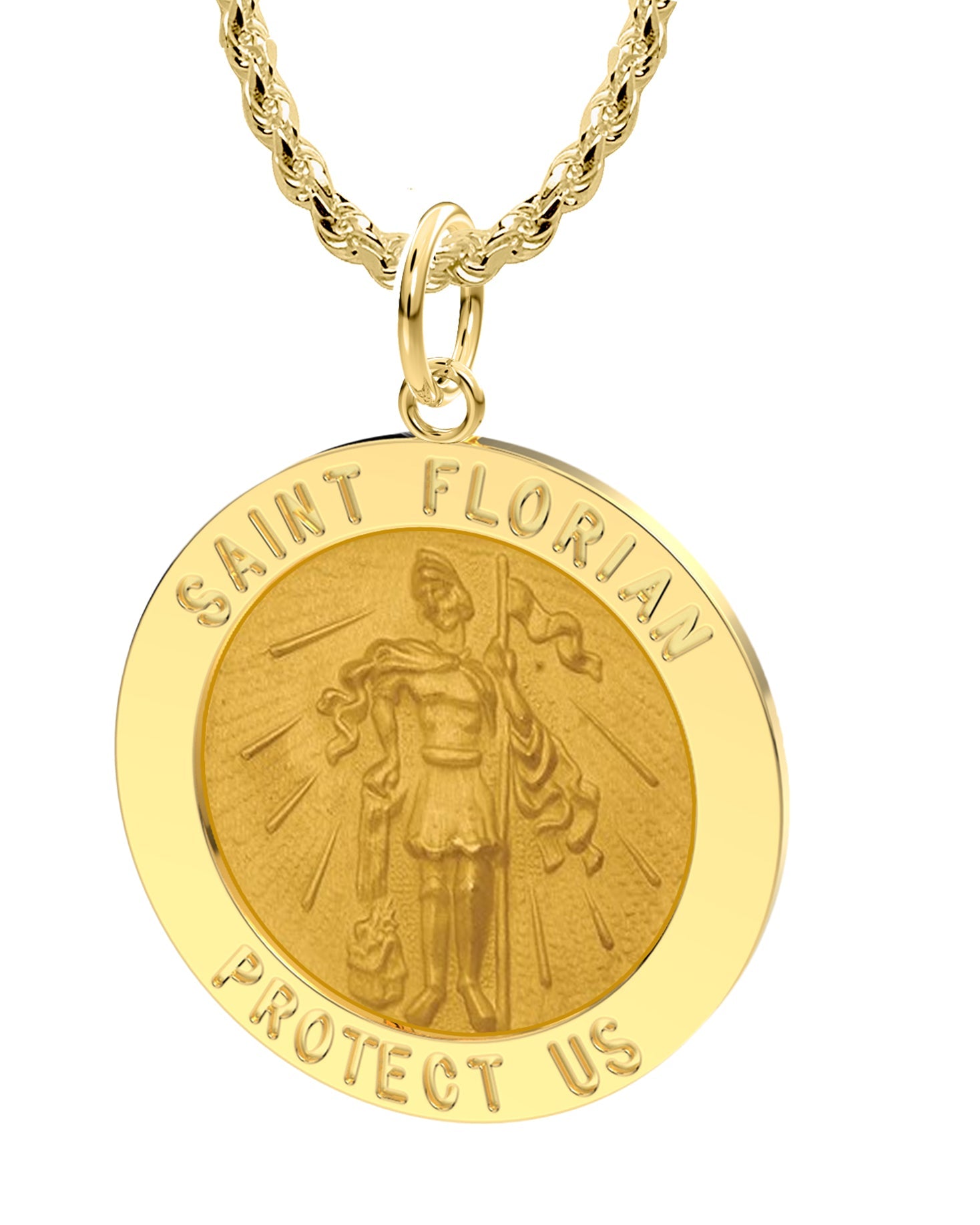 Men's 14K Gold Solid Saint Florian Fireman Medal Pendant Necklace, 25mm -  22in 3mm Rope Chain