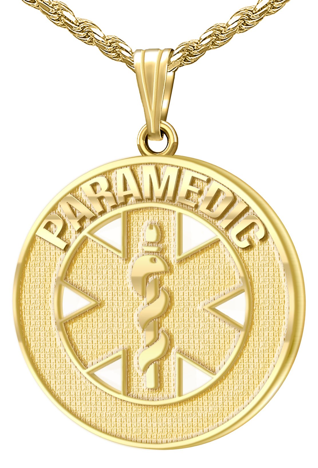 Men's 14k Yellow Gold 26mm Paramedic Medical Alert Medal Pendant Necklace,  3 Color Options - 18in 1.9mm Rope Chain / Gold