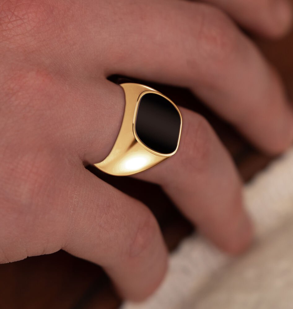 Foto Analist Bestaan Yellow Gold Ring - Men's Black Onyx Solid Back Ring