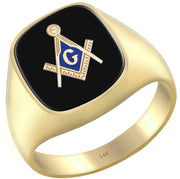 Men's 14k Yellow Gold Blue Lodge Onyx Gemstone Freemason Ring - US Jewels